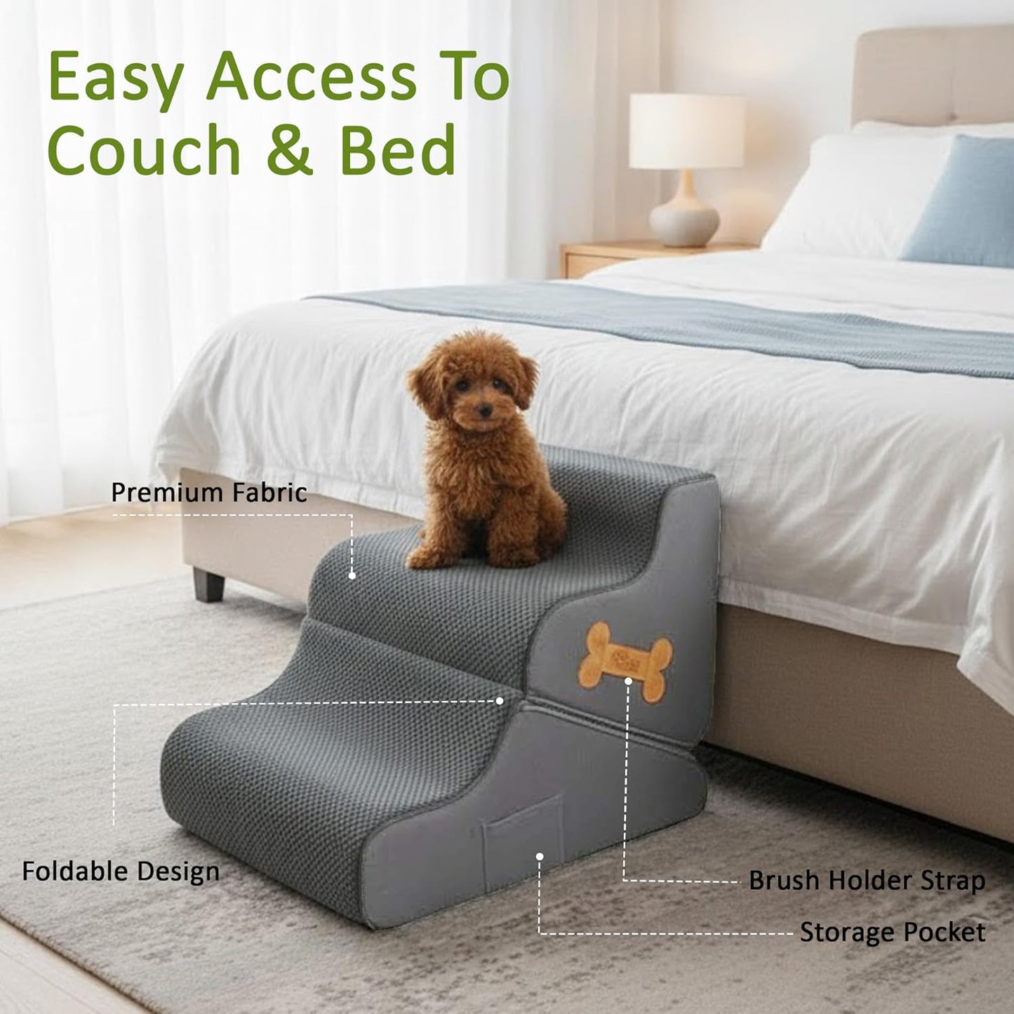 Dog Stairs for Bed & Couch – BuddyRamp 2-in-1 Foldable Dog Stairs and Ramp, 3-Step Pet Stairs Converts to Gentle Ramp, Non-Slip Soft Foam Steps for Small Dogs & Senior Pets
