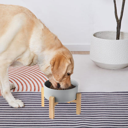 6'' Ceramic Raised Dog Bowl - 30Oz Dog Food & Water Bowl with Elevated Non-Slip Bamboo Stand, Dishwasher & Microwave Safe, Anti Vomiting Heavy Duty Pet Bowl for Small and Medium Dogs, White
