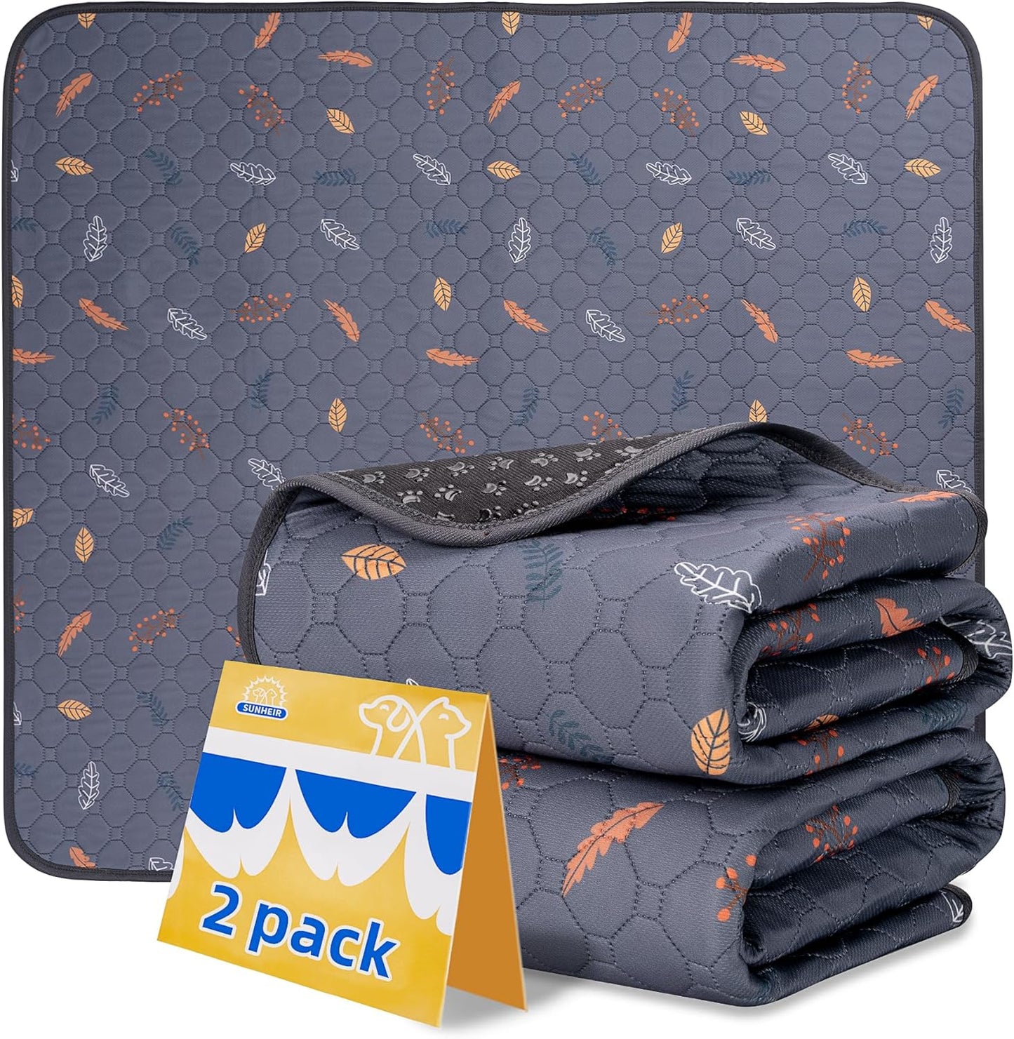 Sunheir Washable Pee Pads for Dogs Large 48" x 48" 2-Pack Reusable Puppy Pads Pet Training Pads, Absorb Dog Mats, Whelping Pad, Non-Slip Protects Against Urine Leakage (Leaves - Deep Grey, 48x48)
