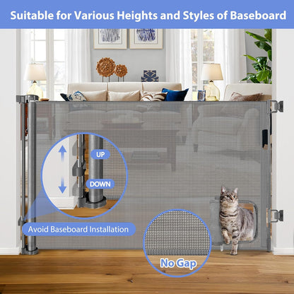 Retractable Baby Gates with Door 55" Wide Retractable Dog Gate with Pet Door Outdoor Retractable Gate for Dogs Mesh Baby Gate Retractable Pet Gate with Cat Door Retractable Child Gates for Doorways