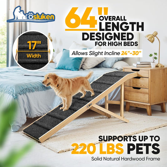 Dog Ramp for Bed, L64 W17 Foldable Pet Ramp for Small Large Dogs Cats, Dog Ramps for High Beds Car, High Traction with Platform 6 Adjustable Heights 24" to 30" Up to 220LBS, Wood