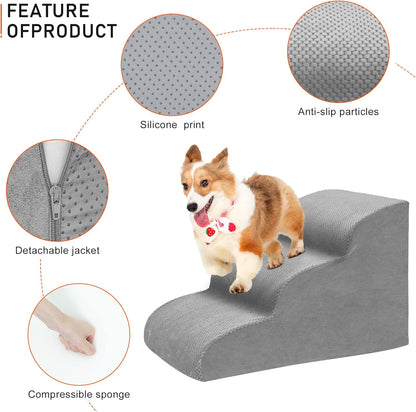 Dog Stairs for Small Dogs, 3 Tiers High Density Foam Dog Ramp, Extra Wide Non-Slip Pet Steps for High Beds Or Couch, Soft Foam Doggie Ladder for Dogs Injured, Older Pets, Small Cats