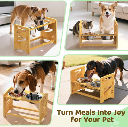 Elevated Dog Bowls, Adjustable Raised Dog Bowl Stand for Medium and Small Dog, 11" High Bamboo Pet Food Feeder with 2 Stainless Steel Dishes（4 Heights）
