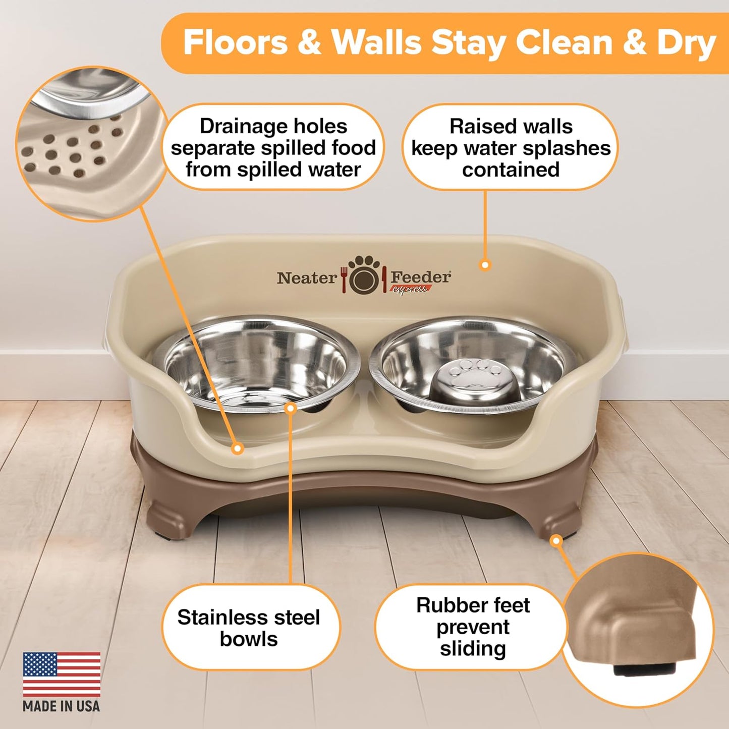 Neater Feeder Express Mess Proof Dog Bowls Elevated for Small Breeds under 15 Lb, Made in USA, No Spill Raised Dog Food Bowl Stand, Stainless Steel Food and Water Bowl Set, Feeding Station, Cappuccino