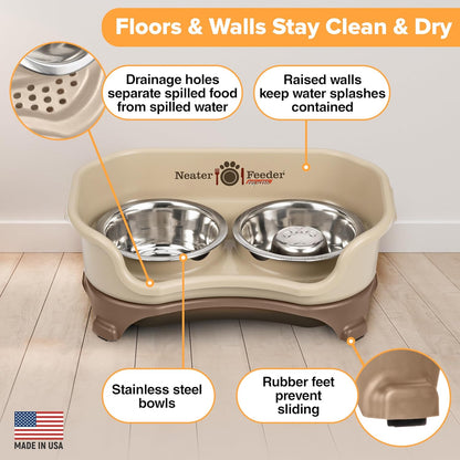 Neater Feeder Express Mess Proof Dog Bowls Elevated for Small Breeds under 15 Lb, Made in USA, No Spill Raised Dog Food Bowl Stand, Stainless Steel Food and Water Bowl Set, Feeding Station, Cappuccino