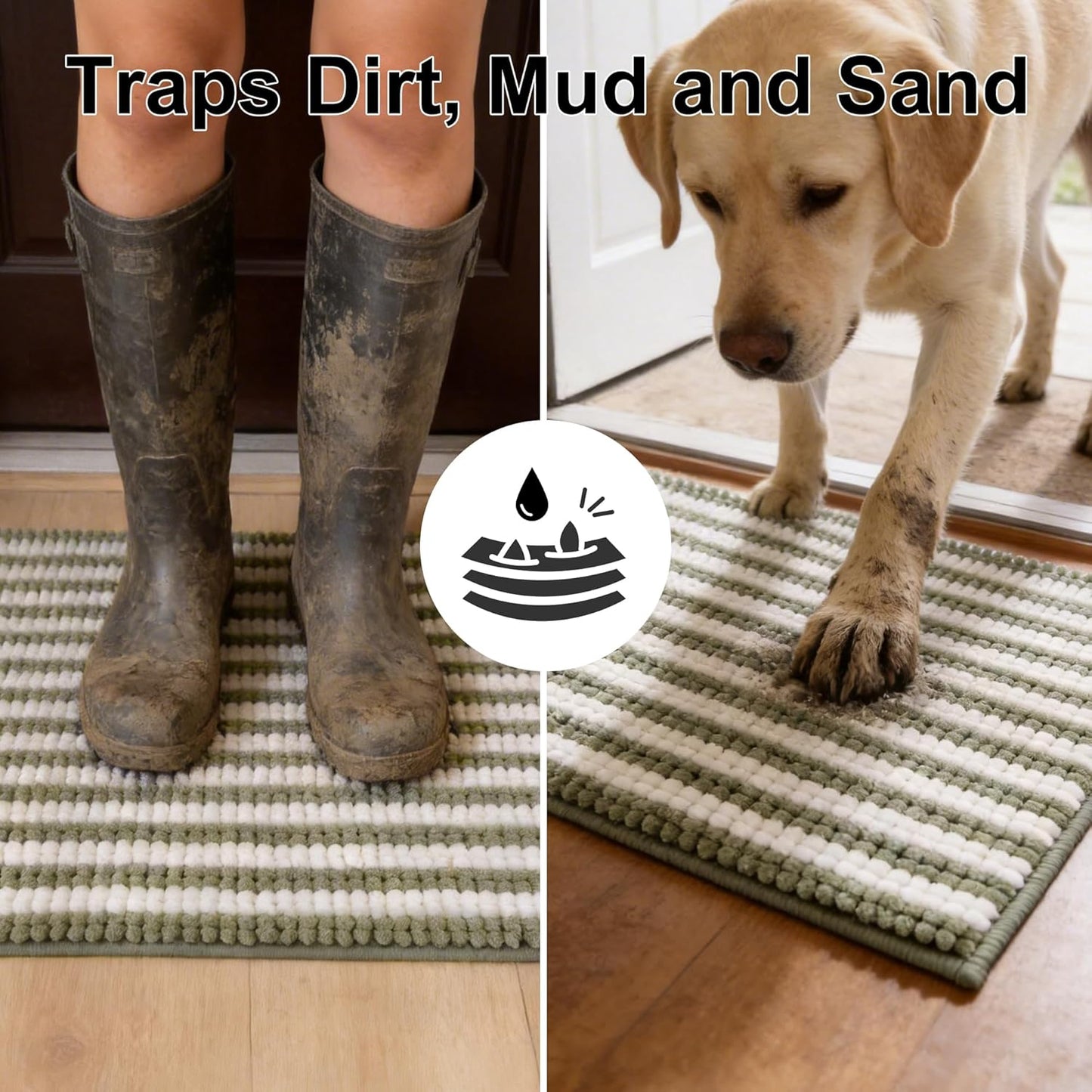 pobopobo Dog Door Mat for Muddy Paws - Absorbent & Washable Chenille Rug, Non-Slip Dirt Trapper for Indoor Outdoor Entryway, Quick Dry Pet Mat for Muddy Dogs (Striped Gray-Blue&White, 24" x 16")