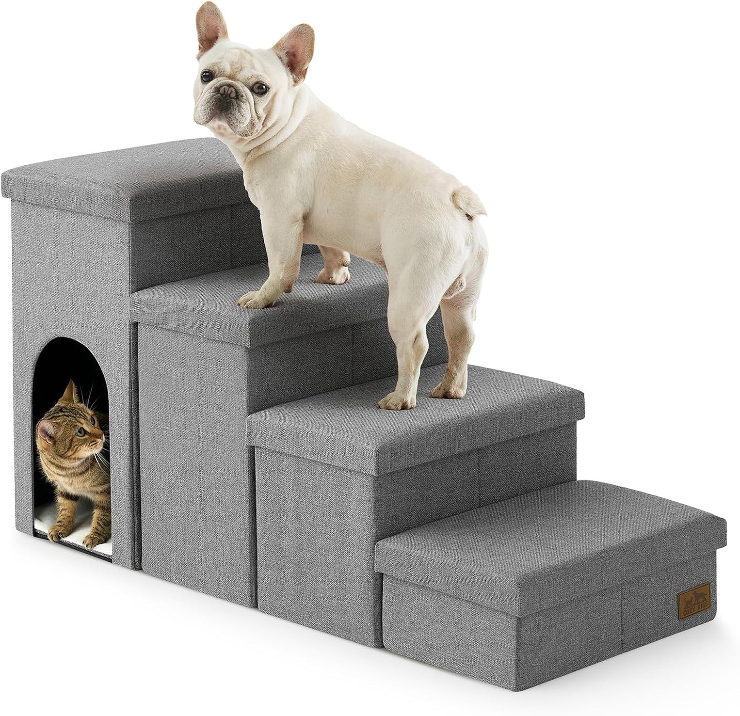 Dog Stairs with Storage, 4-Step Wider Sturdy Dog Steps for Small/Medium/Large Dogs and Older Cats, Folding Doggie Ramp for Bed/Couch/Car Hold Up to 180 lbs (22" H, Brown)
