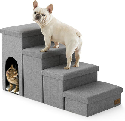 Dog Stairs with Storage, 4-Step Wider Sturdy Dog Steps for Small/Medium/Large Dogs and Older Cats, Folding Doggie Ramp for Bed/Couch/Car Hold Up to 180 lbs (22" H, Brown)