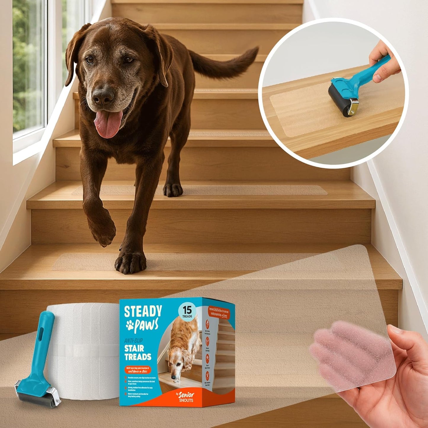 Clear Anti-Slip Stair Treads – Transparent Adhesive Stair Strips for Dogs, Cats, & Elderly Pets, Non-Slip Step Traction Pads for Pet Safety, Easy to Apply & Remove – 15 Pack (24" x 6")