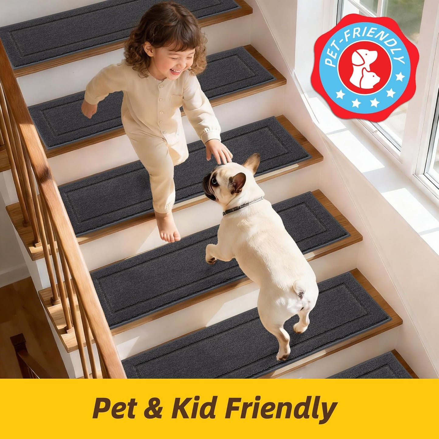 Non-Slip Stair Treads for Wooden Steps Indoor, 15 Pack 8" X 30" Edging Stair Rugs with TPE Backing, Carpet Stair Treads for Kids Elders & Pets, 100% Polyester Soft Stair Runners, Brown