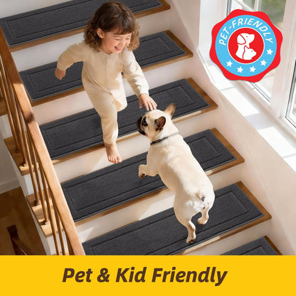Non-Slip Stair Treads for Wooden Steps Indoor, 15 Pack 8" X 30" Edging Stair Rugs with TPE Backing, Carpet Stair Treads for Kids Elders & Pets, 100% Polyester Soft Stair Runners, Brown