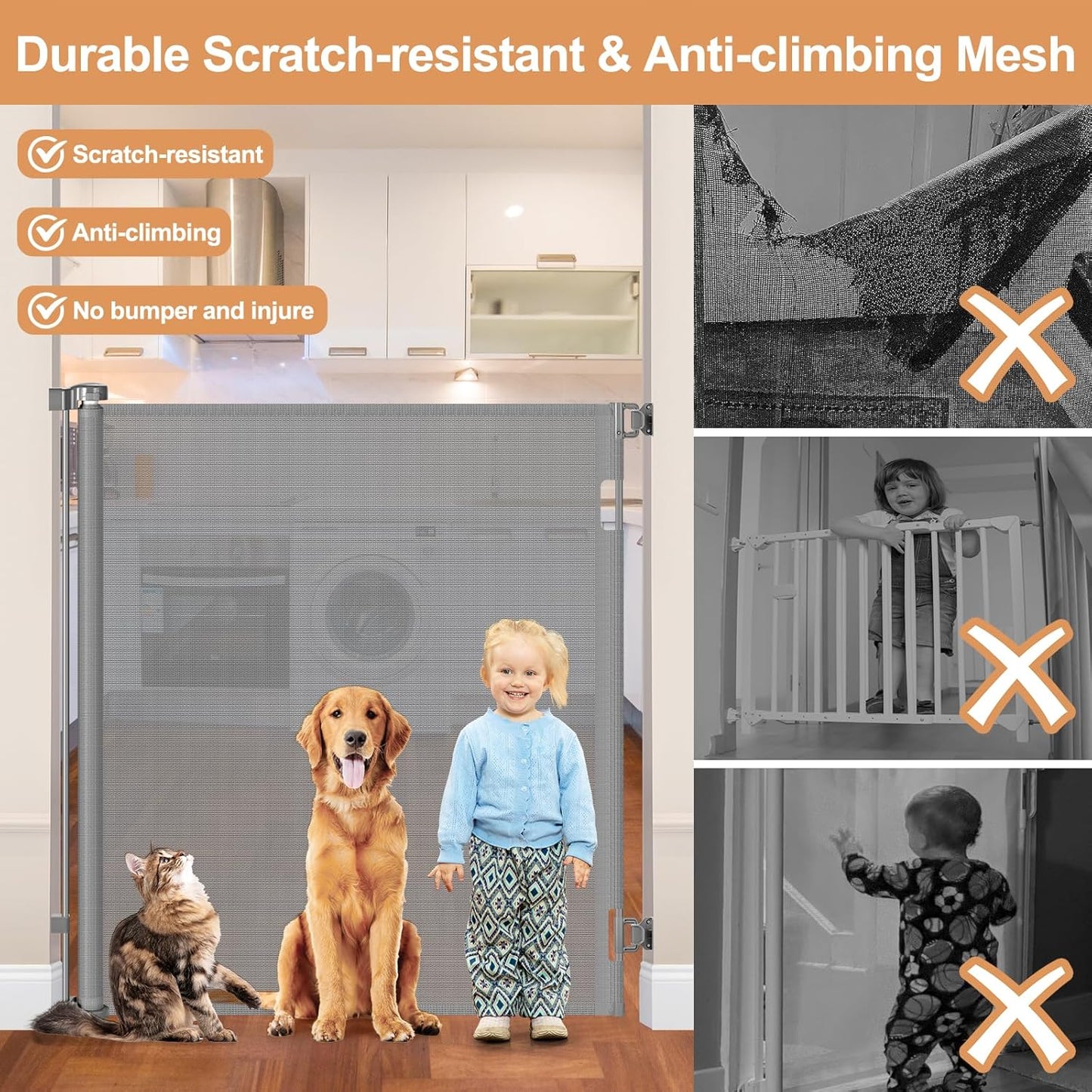 48" Extra Tall Retractable Dog Gate Indoor Prevent Your Baby/Dog/Cat from Jumping Over 55" Wide Extra Tall Retractable Baby Gate for Doorway Mesh Gates for Kids or Pets Puppy Gates for the House, Gray