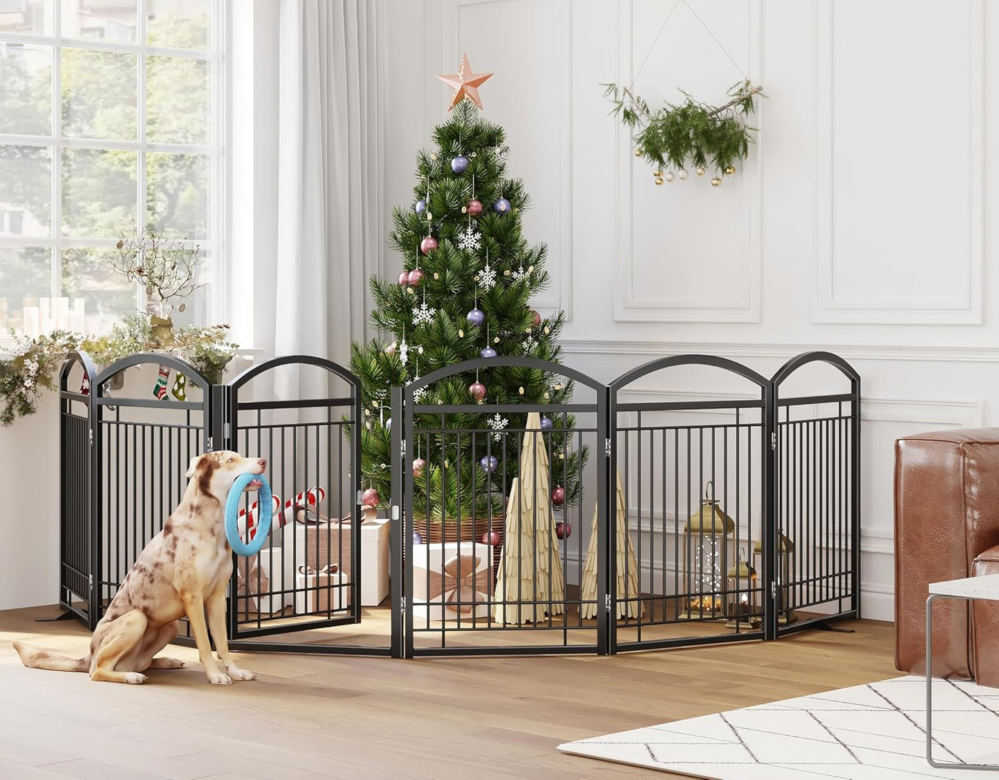 Folding No-Assembly Metal Freestanding Dog Gate with Door Walk Through,32" Height Pet Fence,144" Extra Wide Accordion Puppy Folding Playpen for Doorways,House,Stairs (6 Panels,White)