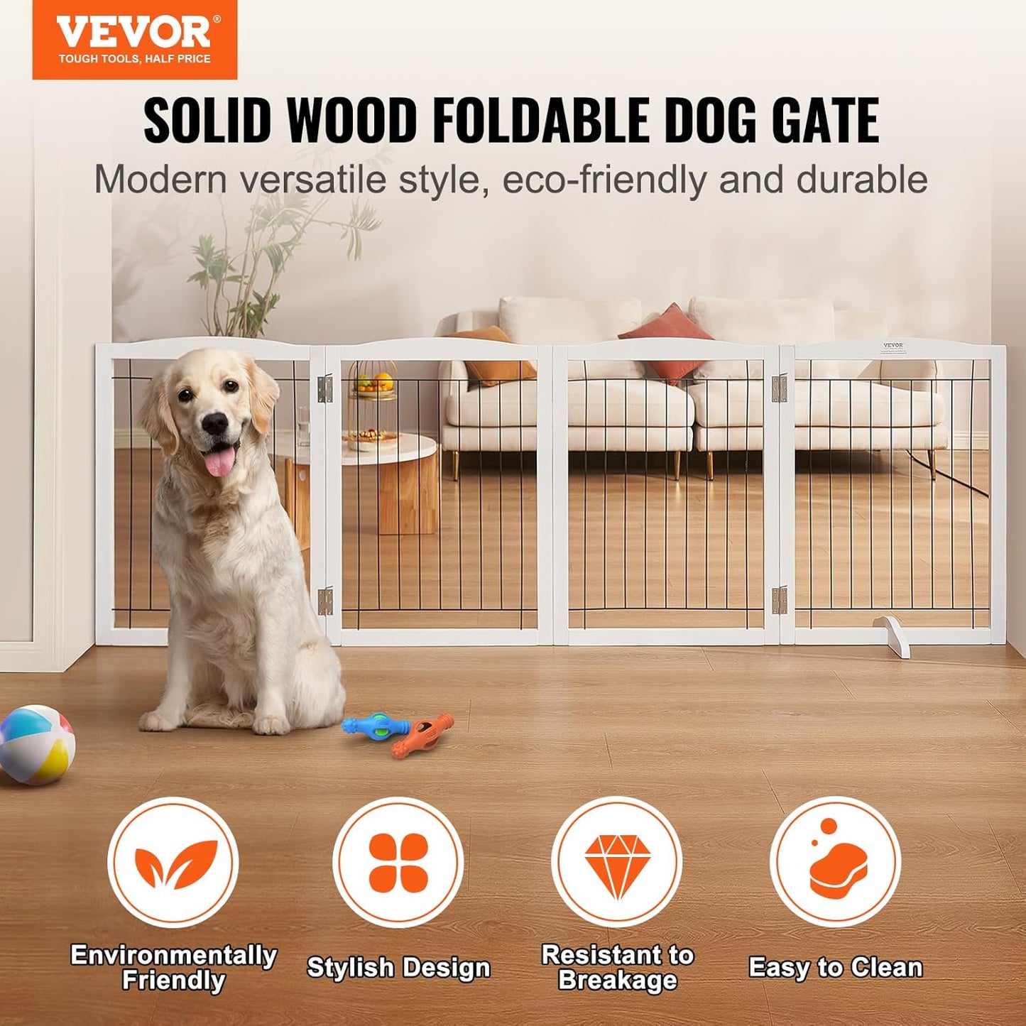 VEVOR Freestanding Pet Gate, Wooden 24" H x 80" W, 4-Panel Foldable Gate for Wide & Narrow Passageways, Expandable Dog Barrier with Silent Foot Support, White