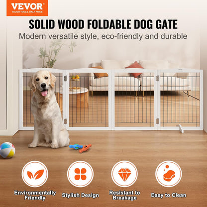 VEVOR Freestanding Pet Gate, Wooden 24" H x 80" W, 4-Panel Foldable Gate for Wide & Narrow Passageways, Expandable Dog Barrier with Silent Foot Support, White