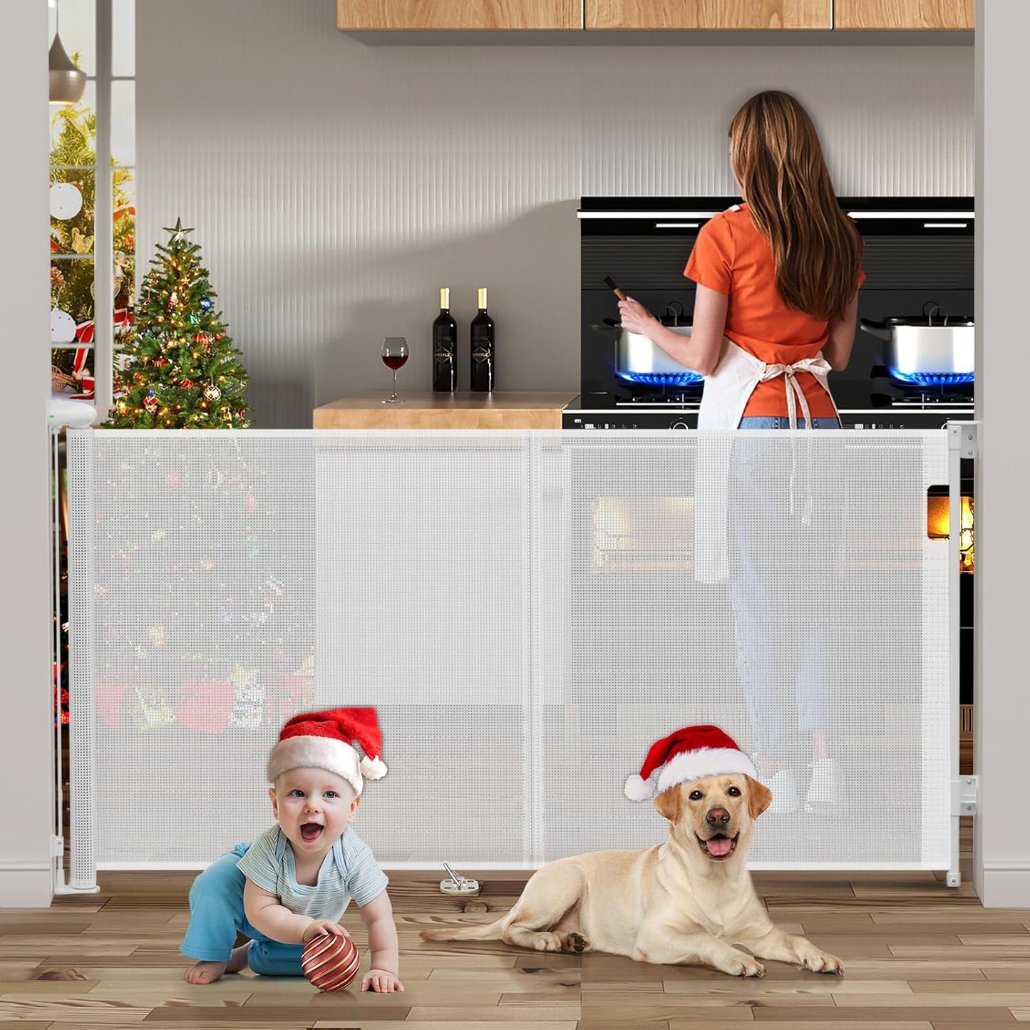Uamector 138-Inch Extra Wide Retractable Baby Gate & Dog Gate, Reinforced Mesh Safety Gate Adjustable for Large Openings - Stairs, Doorways, Hallways - Indoor/Outdoor Use