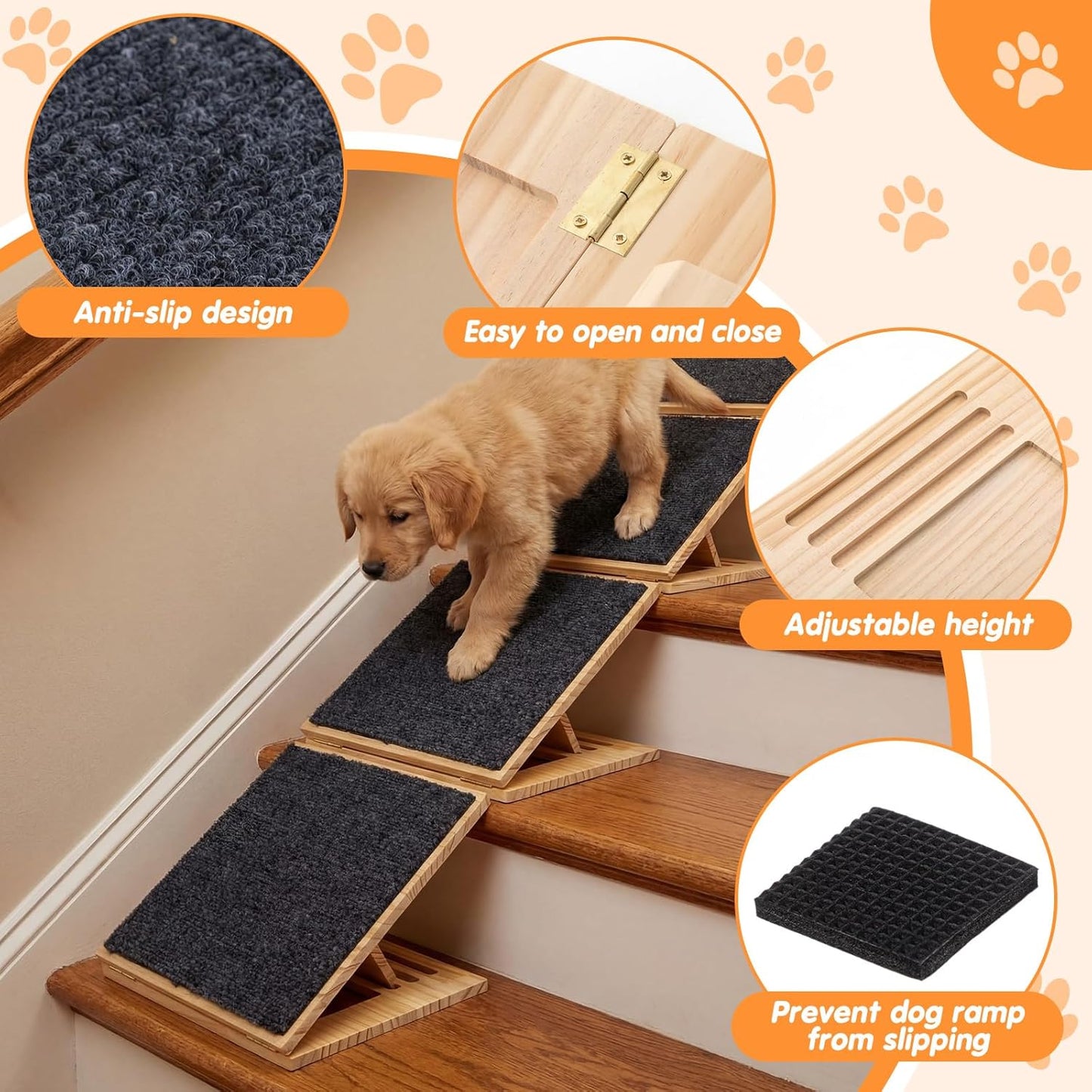 Cinnvoice 2 Packs Dog Ramp for Stairs Adjustable 5.5 to 7.48 Inch Height Foldable Wooden Pet Ramp with Non-Slip Carpet Surface for Indoor Small Dogs Cats Senior Pets (11.81 Inches/ 30 cm)