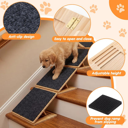 Cinnvoice 2 Packs Dog Ramp for Stairs Adjustable 5.5 to 7.48 Inch Height Foldable Wooden Pet Ramp with Non-Slip Carpet Surface for Indoor Small Dogs Cats Senior Pets (11.81 Inches/ 30 cm)