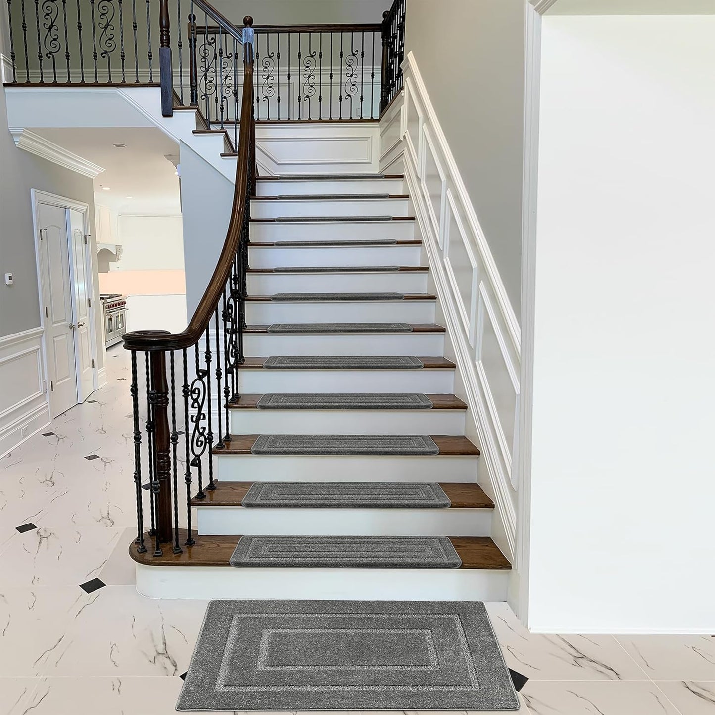 PURE ERA Bullnose Carpet Stair Treads Set Tape Free Non-Slip Indoor Stair Protectors Pet Friendly Rugs Covers Soft Skid Resistant Washable Reusable 9.5" x 30"(14 Pieces,Cream Gray)