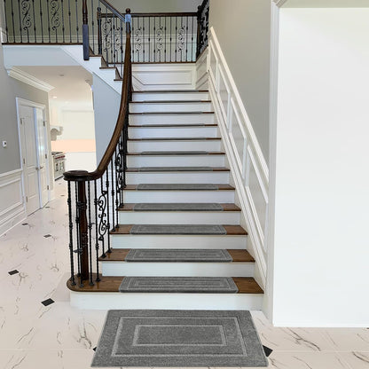 PURE ERA Bullnose Carpet Stair Treads Set Tape Free Non-Slip Indoor Stair Protectors Pet Friendly Rugs Covers Soft Skid Resistant Washable Reusable 9.5" x 30"(14 Pieces,Cream Gray)