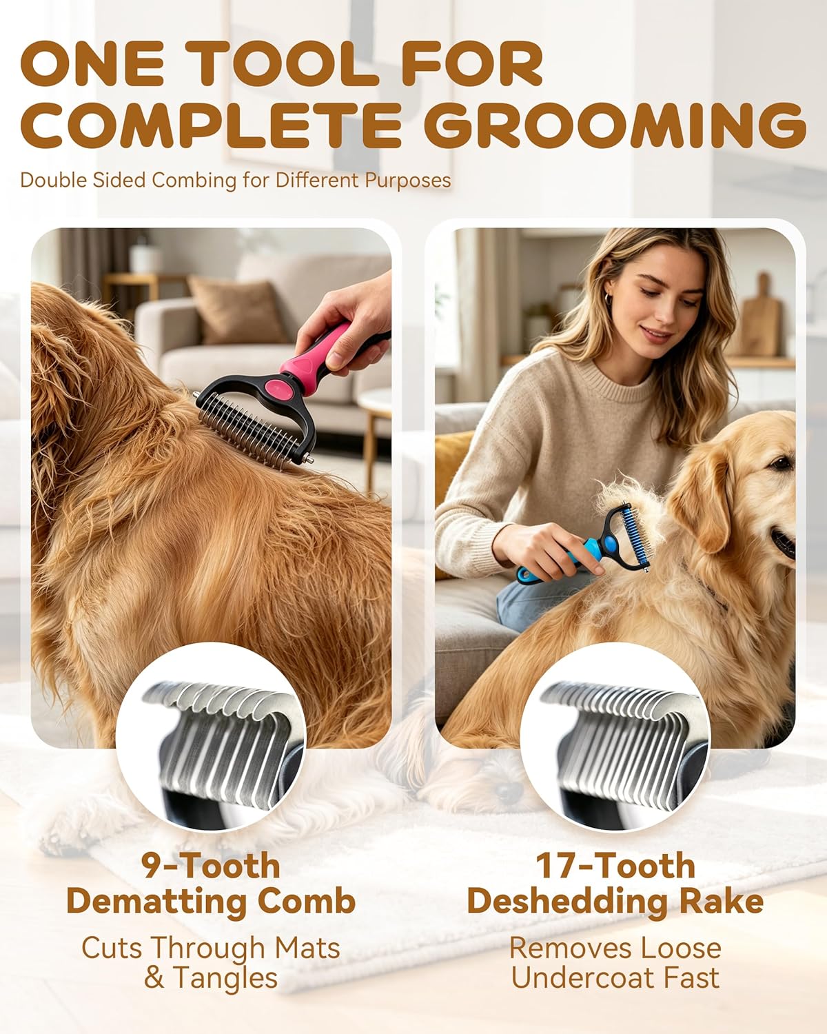 Tool, 2-In-1 Double-Sided Grooming Tool, Deshedding Dog Brush, Pet Shedding Remover Rounded-Tooth Comb For Painlessly Removing Knots And Loose Hair (Blue-Large)