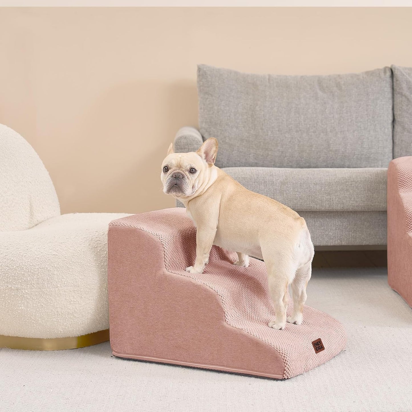 EHEYCIGA Curved Dog Stairs Ramp for High Beds 19.7" H, 4-Step Dog Steps for Small Dogs and Cats, Pet Stairs for High Bed Climbing, Non-Slip Balanced Pet Step Indoor, Grey