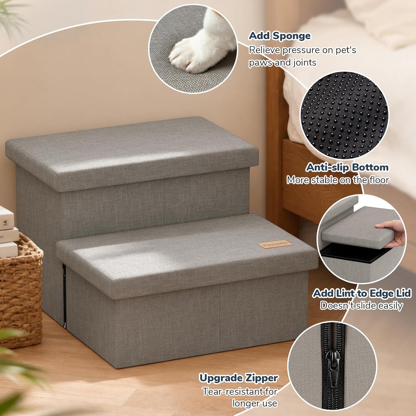 3-Step Wide Dog Stairs with Hidden Storage 18" H, Non-Slip Dog Steps for High Bed Couch Window Car, Jiont-Friendly Pet Stairs Ramp for Small/Medium/Large Old Dogs Cats Up to 200lbs, Grey