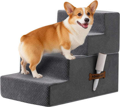 Dog Stairs, Steps and Ramp for High Bed & Sofa, 13-24" H Detachable Pet Stairs for Small Medium Dogs, Sturdy 40D Foam, Non-Slip, Washable Cover with Lint Roller, Grey