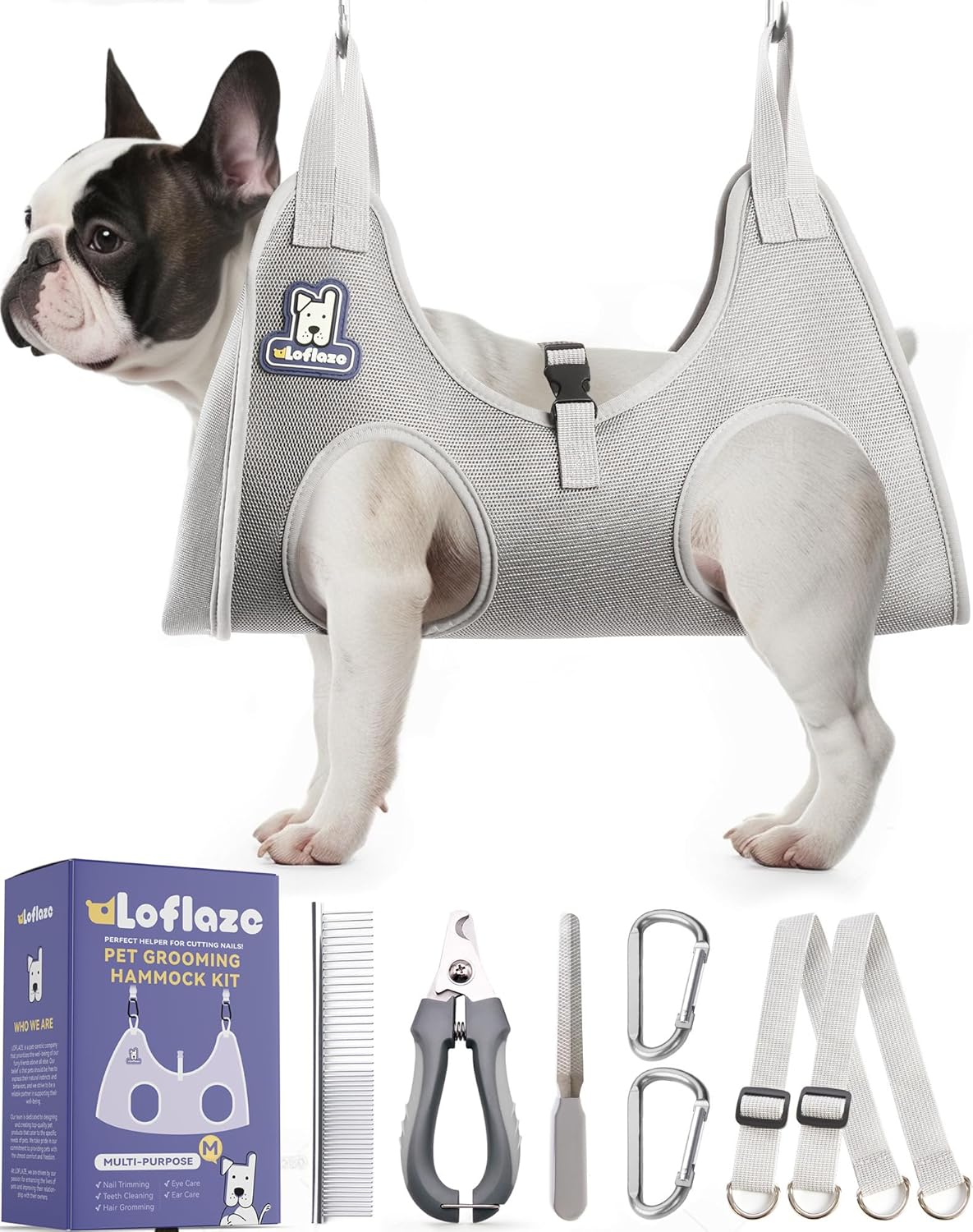 Loflaze Dog Grooming Hammock Harness for Dogs & Cats with Pet Nail Clipper Trimmer - Cat Hanger Sling for Trimming Clipping Nails- Dog Hammock Restraint Bag for Small Medium Large pet （ Grey S ）