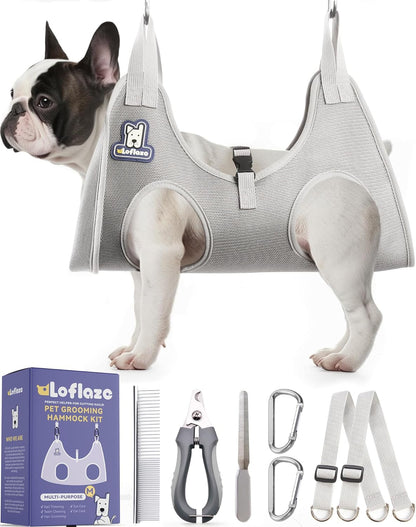 Loflaze Dog Grooming Hammock Harness for Dogs & Cats with Pet Nail Clipper Trimmer - Cat Hanger Sling for Trimming Clipping Nails- Dog Hammock Restraint Bag for Small Medium Large pet （ Grey S ）