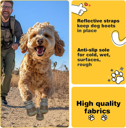 Hcpet Dog Shoes for Dogs, Dog Booties for Dogs, Anti-Slip Dog Boots & Paw Protectors for Hot Pavement Winter Snow Hiking with Reflective Straps Khaki Size 6, 4PCS
