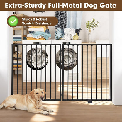 104" Extra Wide Dog Gate, Heavy Duty Metal Freestanding Dog Gate with Door for Indoor & Outdoor, Foldable Pet Fence for Doorways,House,Porch,Deck,Yard,Stairs, Auto Close(4 Panels,Black)