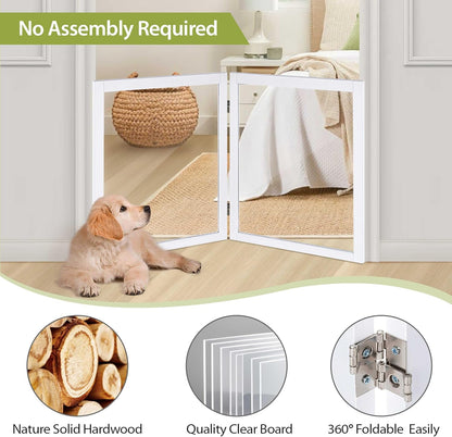 LZRS Clear Dog Gate for Indoor Use - Transparent Pet Fence with Solid Hardwood and Plastic Board, Stylish & Durable freestanding Pet Gate for Doorways, Stairs and Hallways-2 Panel Cherry