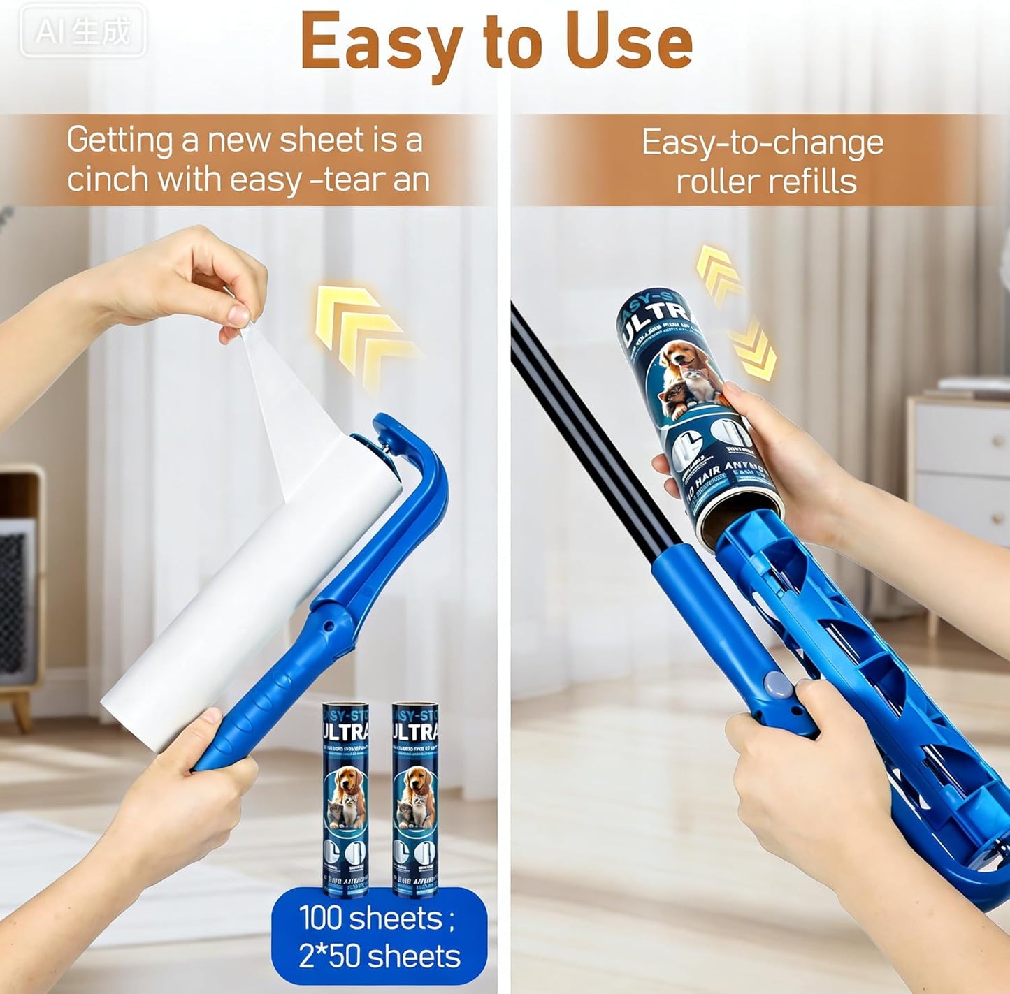 10" Large Lint Roller for Pet Hair Extra Sticky, Long Handle Floor Sticky Rollers with Big Lint Roller Refills for Cleaning Carpets, Cars, Furniture,Clothing, and Pet Hair,Green