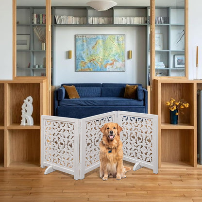 Freestanding Pet Gate for Dogs, Foldable Wooden Dog Gate for House, Indoor Dog Gate for Stair, Doorway, House Design Gates for Dogs Indoor, 72 Inch Wide, (18" x4 Panels 72 inch), Burnt Finish