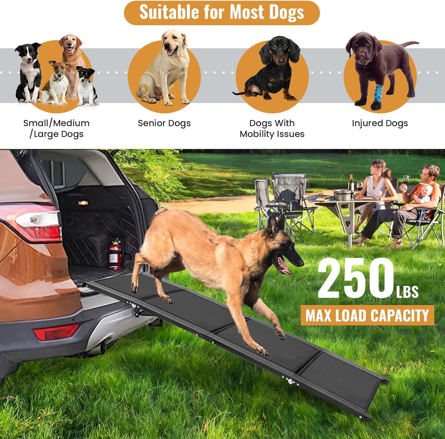 Folding Dog Car Ramp for SUV & Truck - 63"x17" Non-Slip 1680D Oxford Fabric Ramp