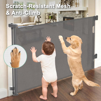 Retractable Dog Gate for Doorways, Indoor/Outdoor Safety Mesh Baby Gates for Stairs, 33" Tall Expands Up To 60" Width, Space-Saving&One Handed Operation Puertas Para Bebes for Hallways, Decks, Porches