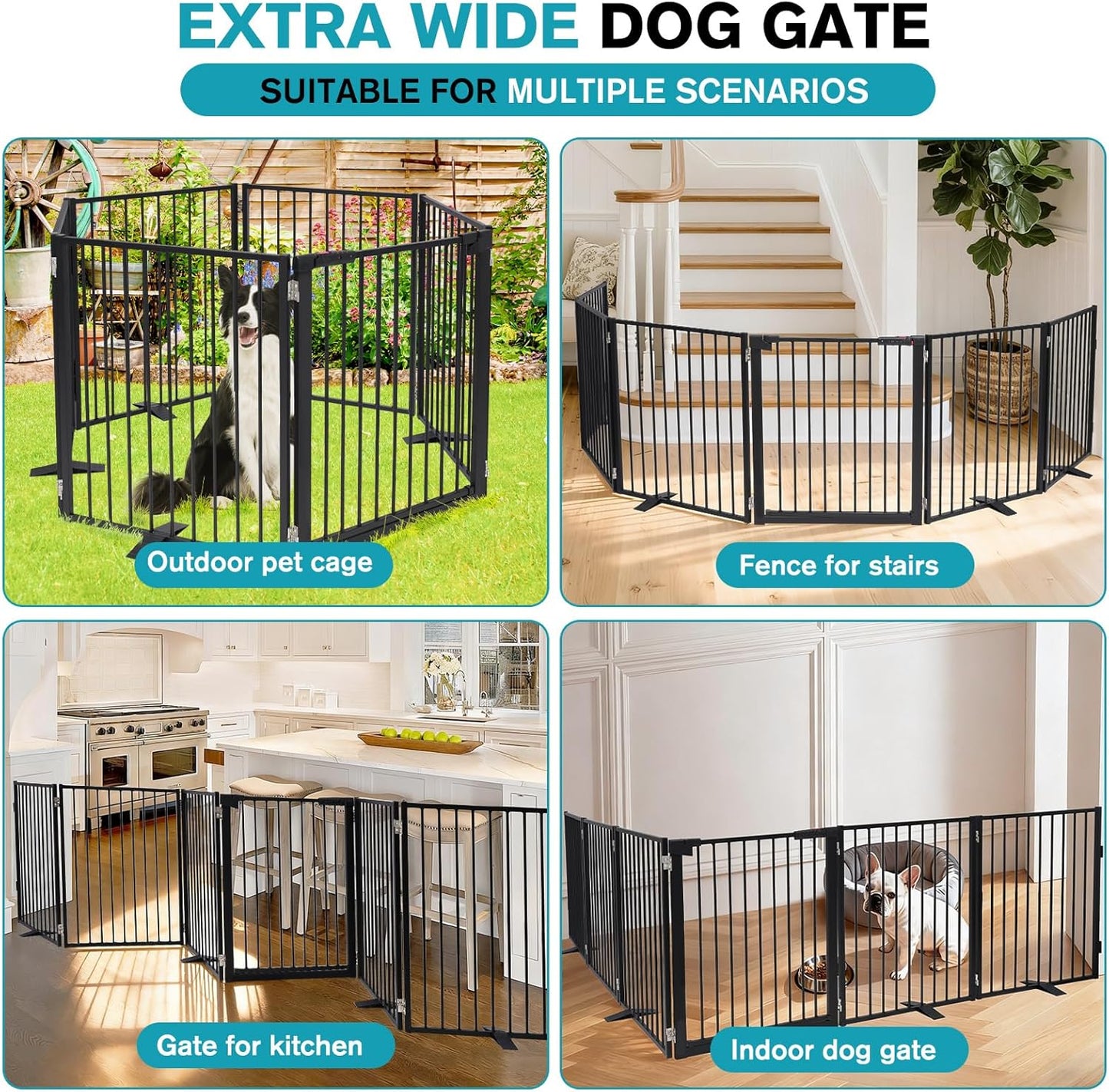 Snagle Paw Extra Wide Dog Gate,Free Standing Dog Fence with Door, Up to 104 Inch Wide Pet Gate with Support Feet for Stairs, Hallways, Doorways, Yard (Black, 4 Panels)