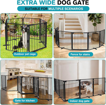 Snagle Paw Extra Wide Dog Gate,Free Standing Dog Fence with Door, Up to 104 Inch Wide Pet Gate with Support Feet for Stairs, Hallways, Doorways, Yard (Black, 4 Panels)
