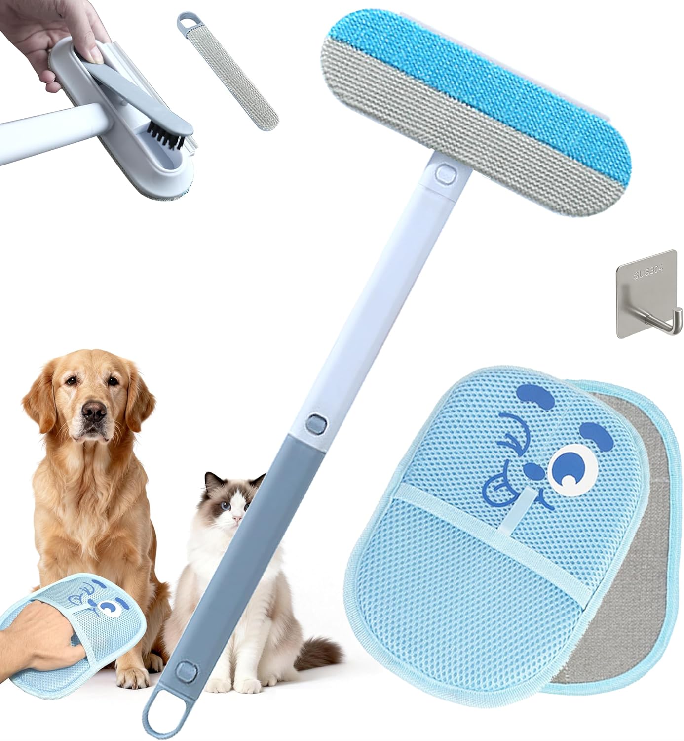 Magic pet Hair Remover Set for Dogs & Cats, Includes 4-in-1 Extended Handle Hair Brush, Hair Glove & Free Metal Storage Hook, Works Great on couches, Carpets, Furniture, car Seats and Hard Surfaces.
