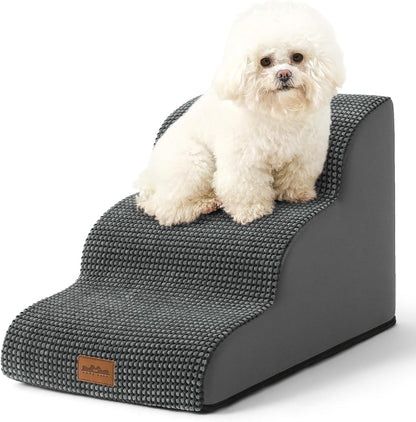 COZY KISS Dog Stairs for Small Dogs 15.7" H, Curved Dog Step for Puppy, Older Cat, Medium Pet Ramp for Sofa, Couch or Chair, Ladder with High Density Foam, 3 Step, 15.7x22.4x15.7 inch, Beige