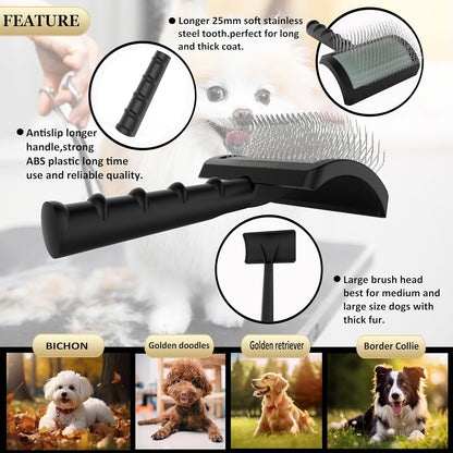 Slicker Brush for Poodles and Goldendoodles - Curved Brush for Thick, Fluffy, Shedding Fur on Dogs and Cats - Soft, Gentle Pins for Grooming (Blue)
