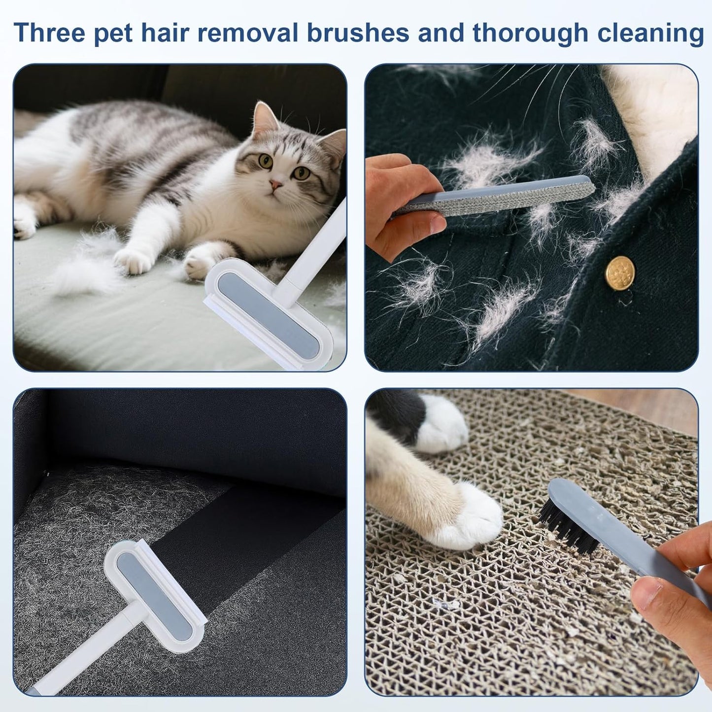 Pet Hair Removal Tool & 2 Cleaning Brushes, Multifunctional Pet Hair Remover Reusable Washable Dog Cat Fur Cleaning Broom for Carpet Sofa Furniture Window Tile