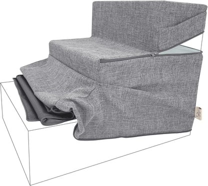 Best Pet Supplies Non-Slip Foam Dog Stair & Pet Ramp, Balanced Indoor Step Support - Foldable Stair, Ash Gray Linen,3-Step