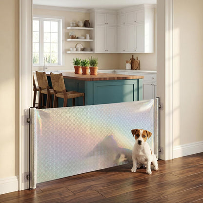 17" Step Over Retractable Dog Gate, 49" Wide Adjustable No-Drill Pet Barrier, Plastic Indoor Puppy Gate for Doorways Stairs Hallways, Small Dog Containment with Adhesive Hooks