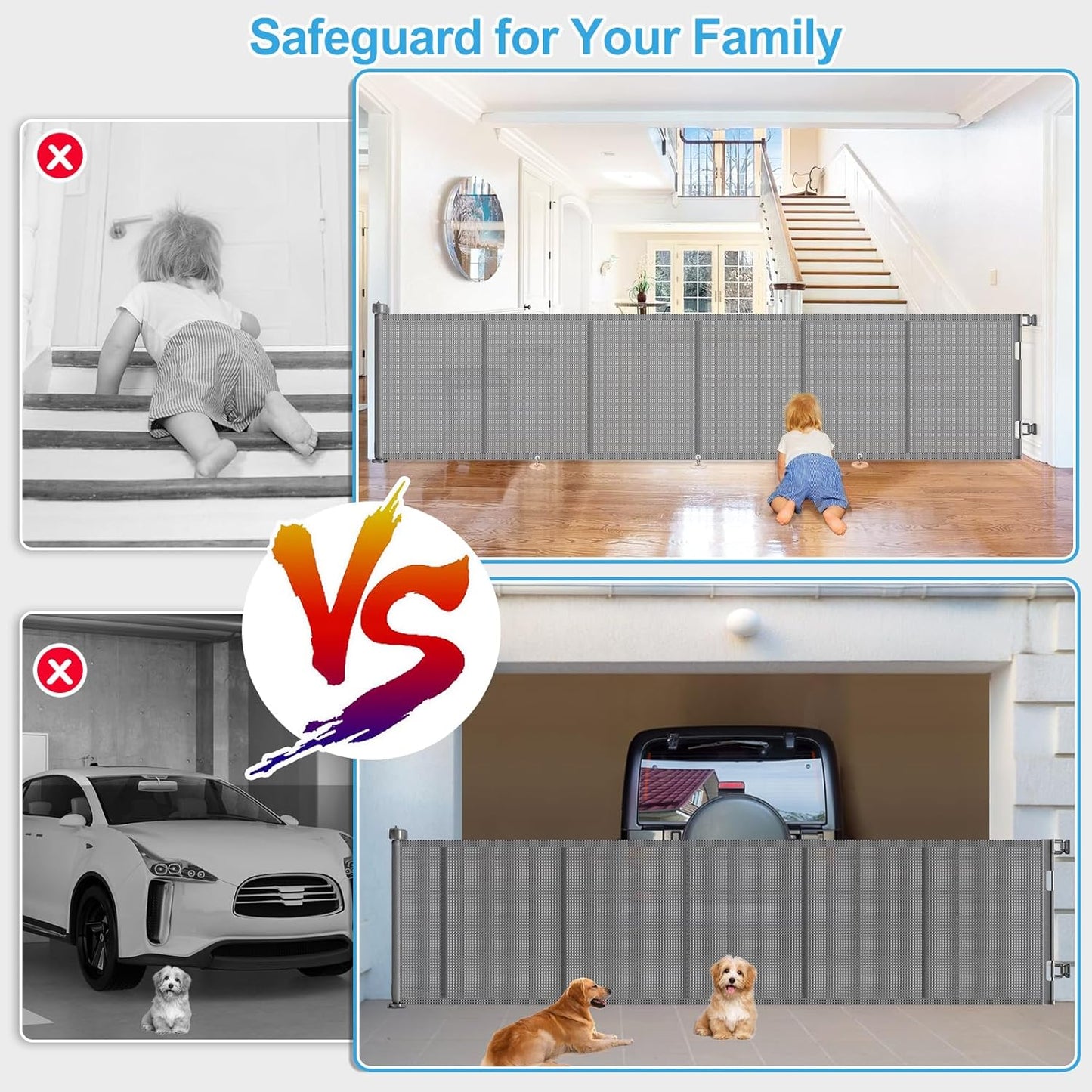 Upgrade 120 inch Retractable Baby Gates, EZIGO Extra Wide Baby Gate for Large Opening Extra Long Mesh Gate for Kids or Pet Dog Gate Child Safety Gate for Stairs Hallways Doorway Indoor Outdoor, Gray