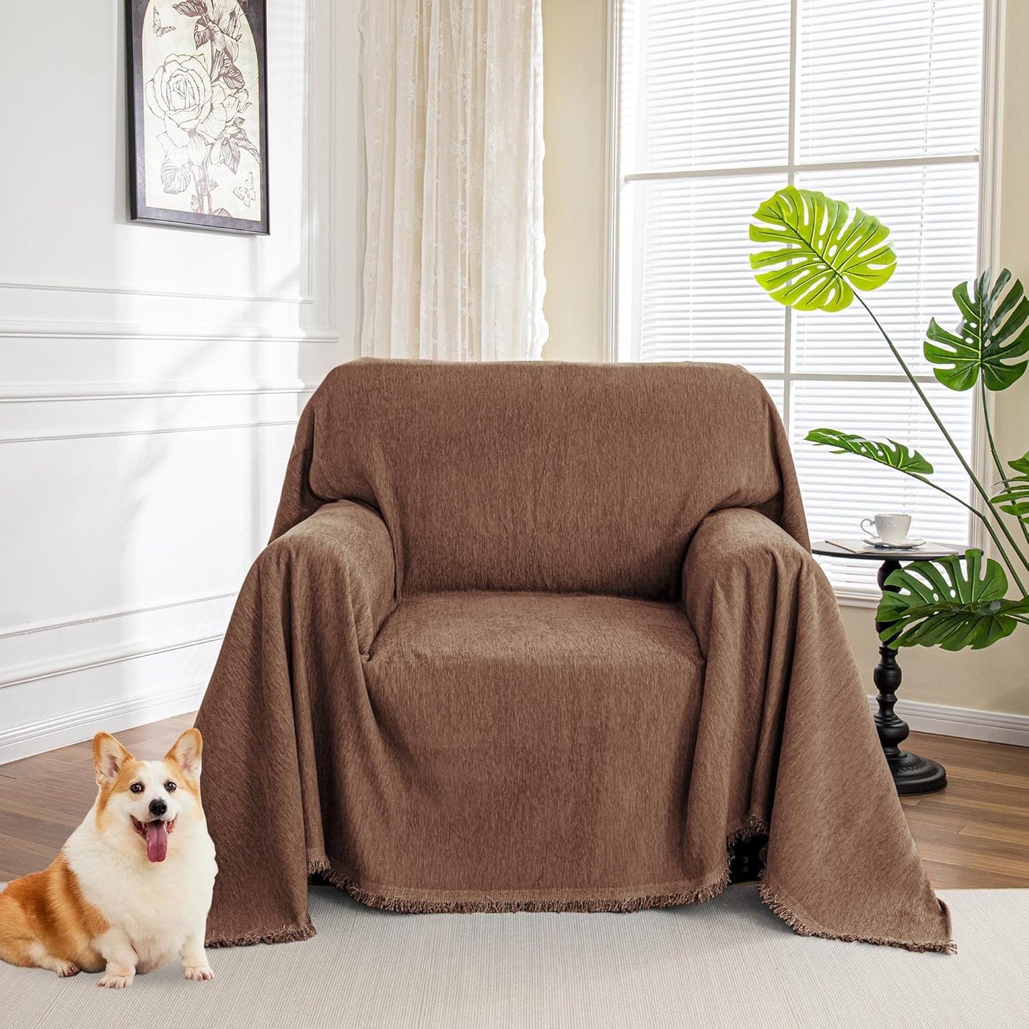 MYSKY HOME Couch Cover for Dogs, Washable Couch Covers, Non Slip Sofa Cover, Couch Cover 2 Cushion Sofa Dogs Furniture Protector with Tassels, Chenille Sofa Slipcover for Pets, 71"x118", Dark Grey