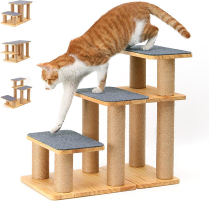 FUKUMARU 3-in-1 Pet Stairs, Retro-style Dog Steps for Cats and Small Dogs, Wooden Cat Stairs for High Bed with Scratching Post, Dog Ramp for Couch with Cat Condo Cave, Easy to Clean & Aesthetic Design