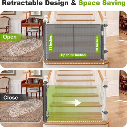 Reinforced Retractable Baby Gate for Stairs & Banister, 55" Wide Mesh Dog Gate, One-Handed Dual Lock Safety Gate for Kids & Pets, Fits Round & Square Posts (Black)