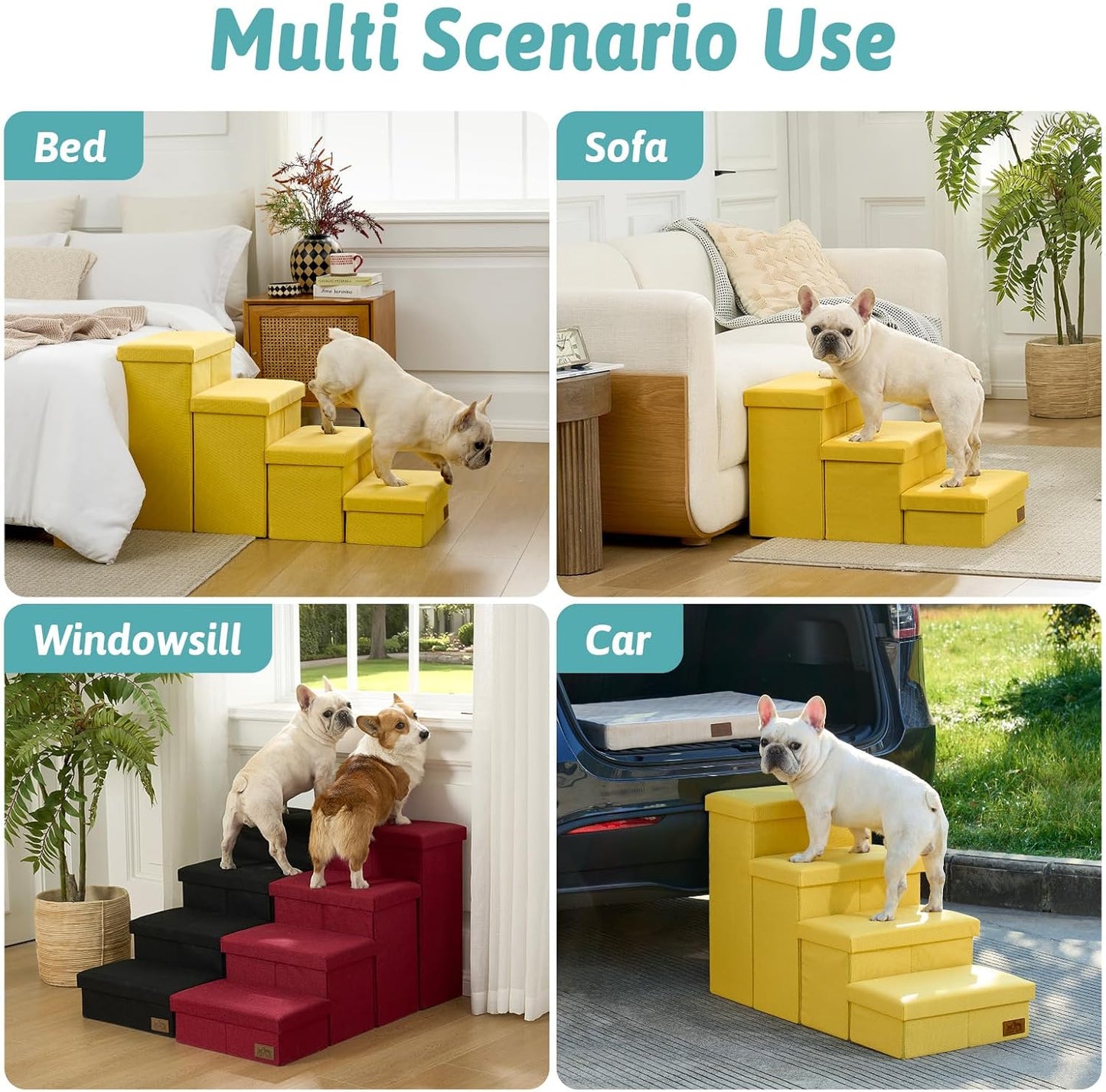 Dog Stairs with Storage, 4-Step Wider Sturdy Dog Steps for Small/Medium/Large Dogs and Older Cats, Folding Doggie Ramp for Bed/Couch/Car Hold Up to 180 lbs (22" H, Brown)